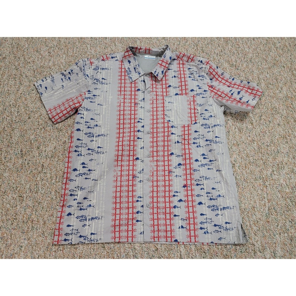 Columbia PFG Fishing Shirt Mens Large Gray Marlin Fish Print Vented Outdoors